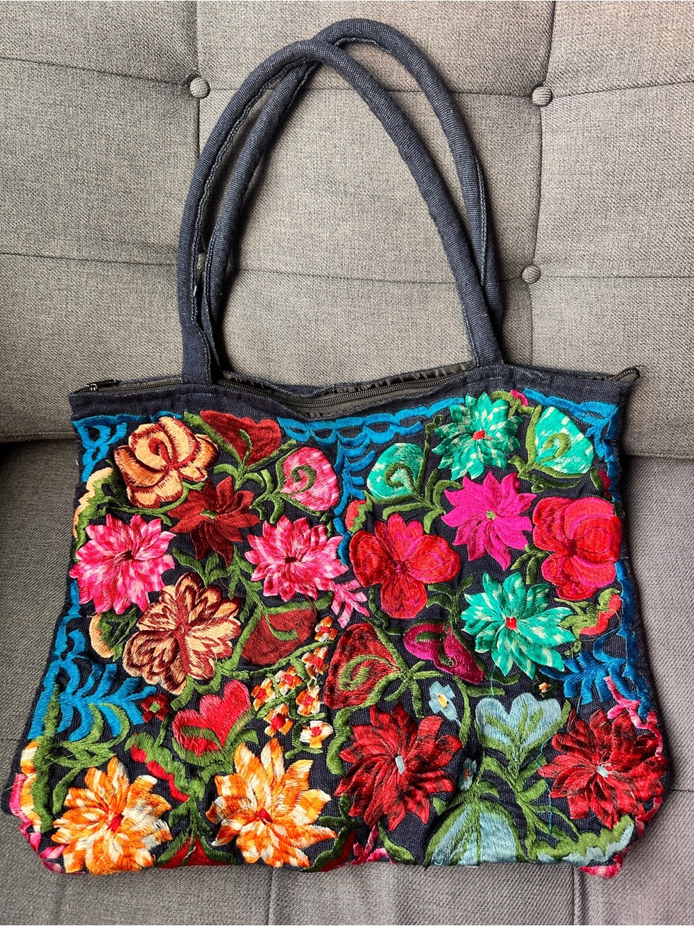 Embroidered Mexican Guatemalen Floral Tote Bag in Black with Multicolor Accents